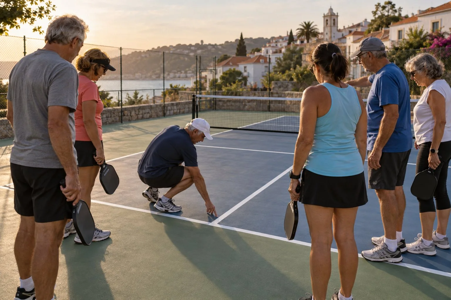 Grupo revisando a marcação de uma quadra de pickleball