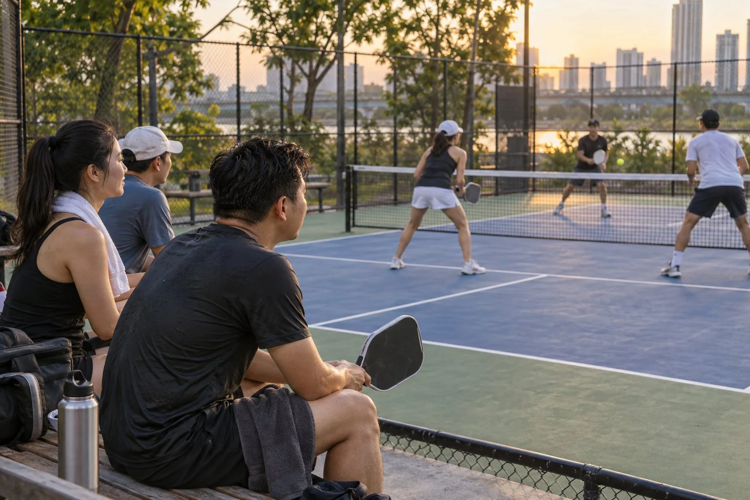 Người chơi chờ lượt bên ghế cạnh sân pickleball
