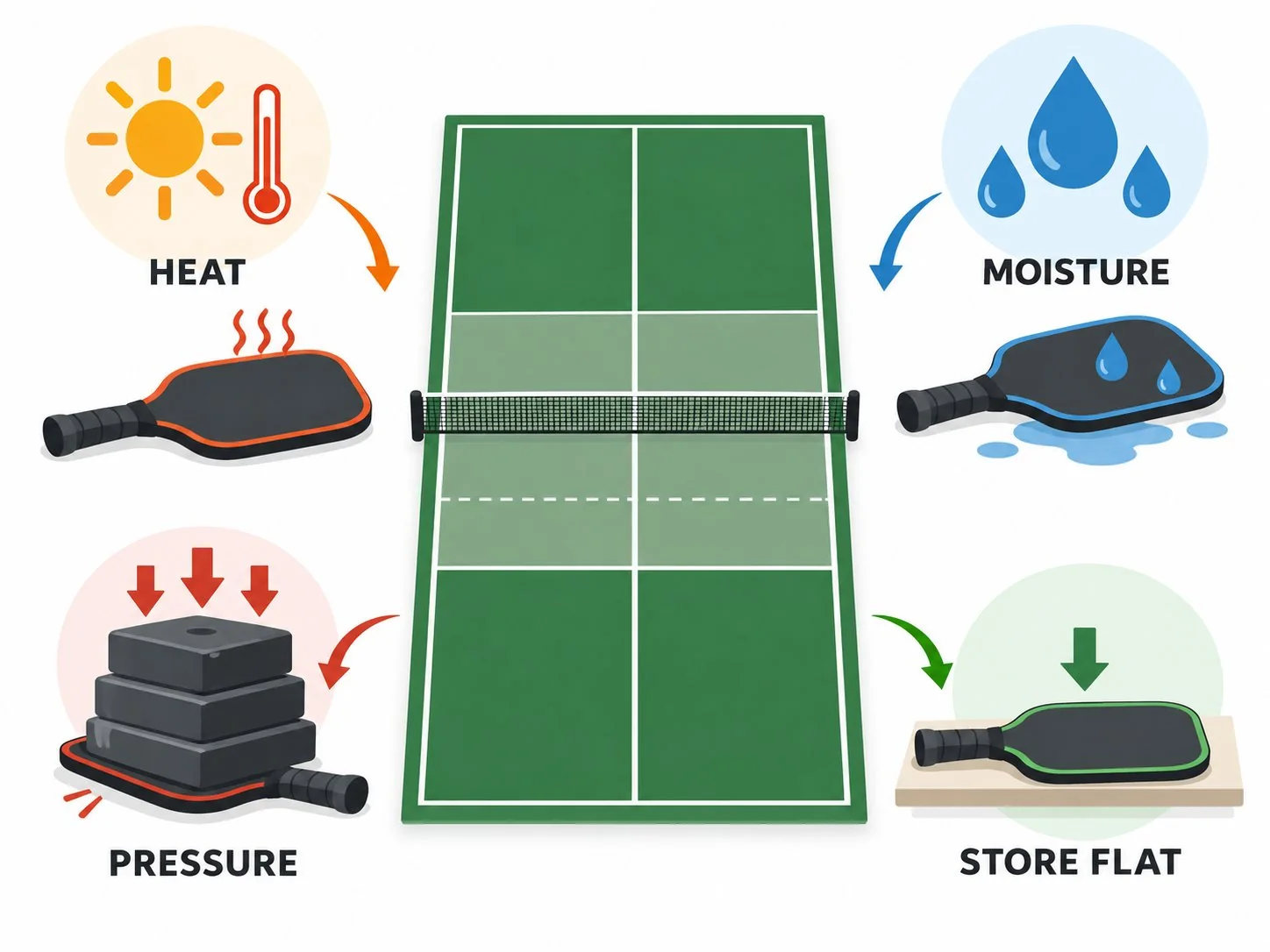 Diagram of heat moisture and pressure risks for pickleball paddle storage
