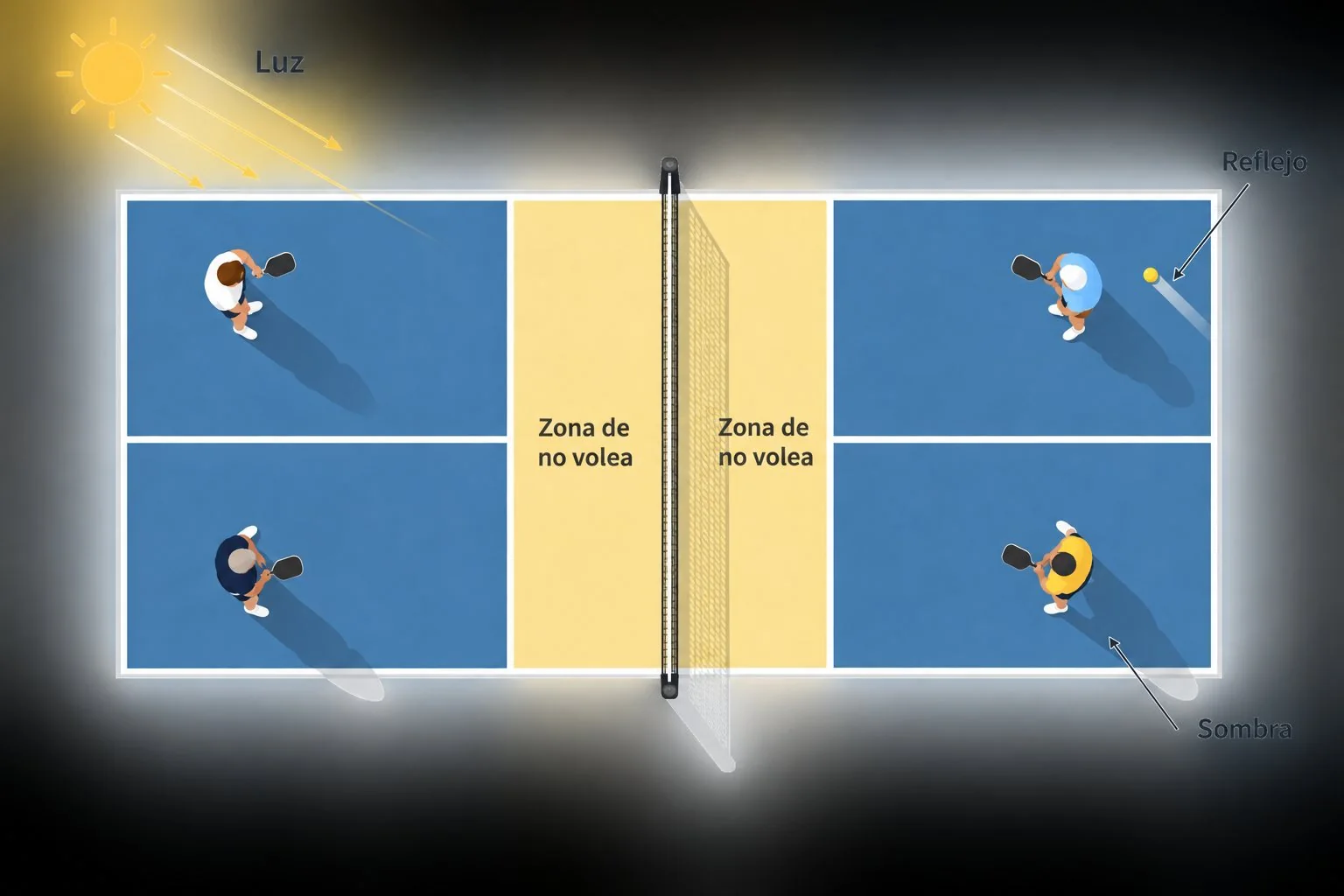 Diagrama de reflejos y sombras en una pista de pickleball