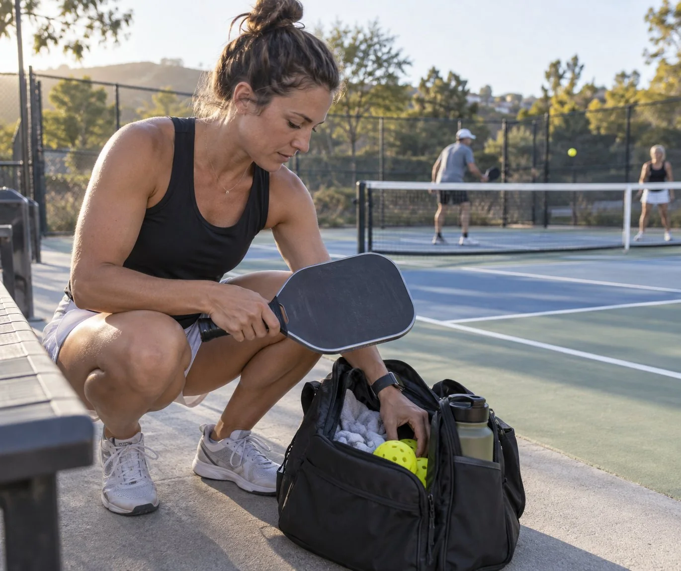 Player checking a stored pickleball paddle beside a court