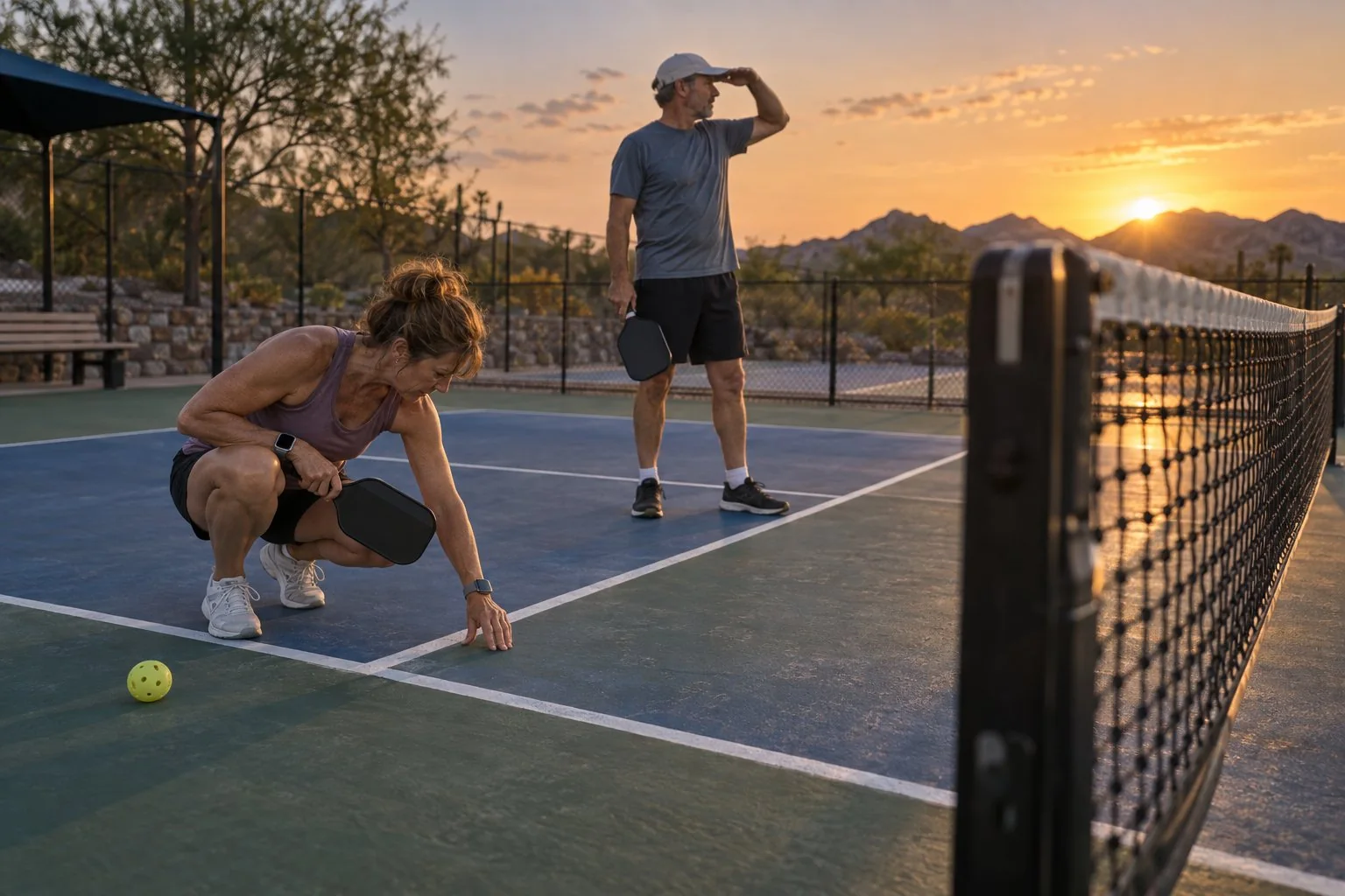 Pareja comprobando la visibilidad de una pista al atardecer