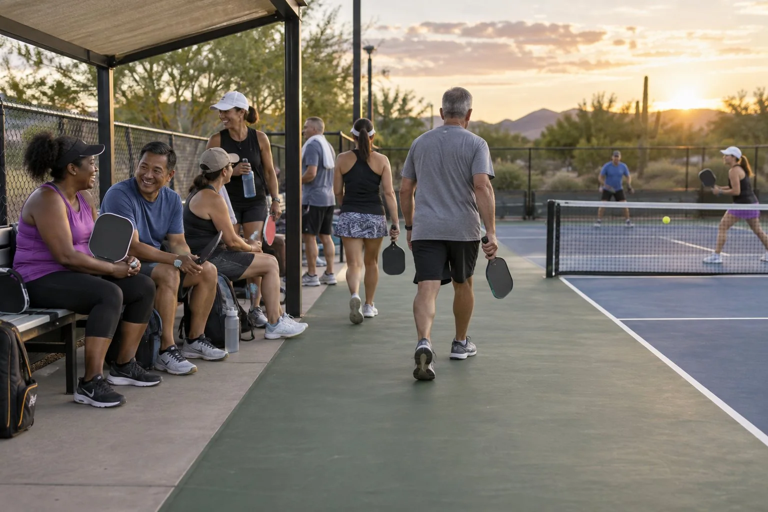 Grupo usando uma área de espera organizada em quadra de pickleball