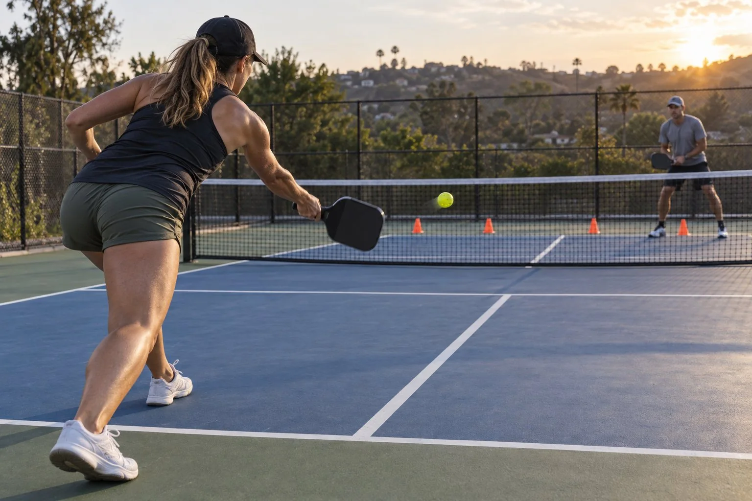 Hai người luyện đánh bóng sâu pickleball với nón mục tiêu