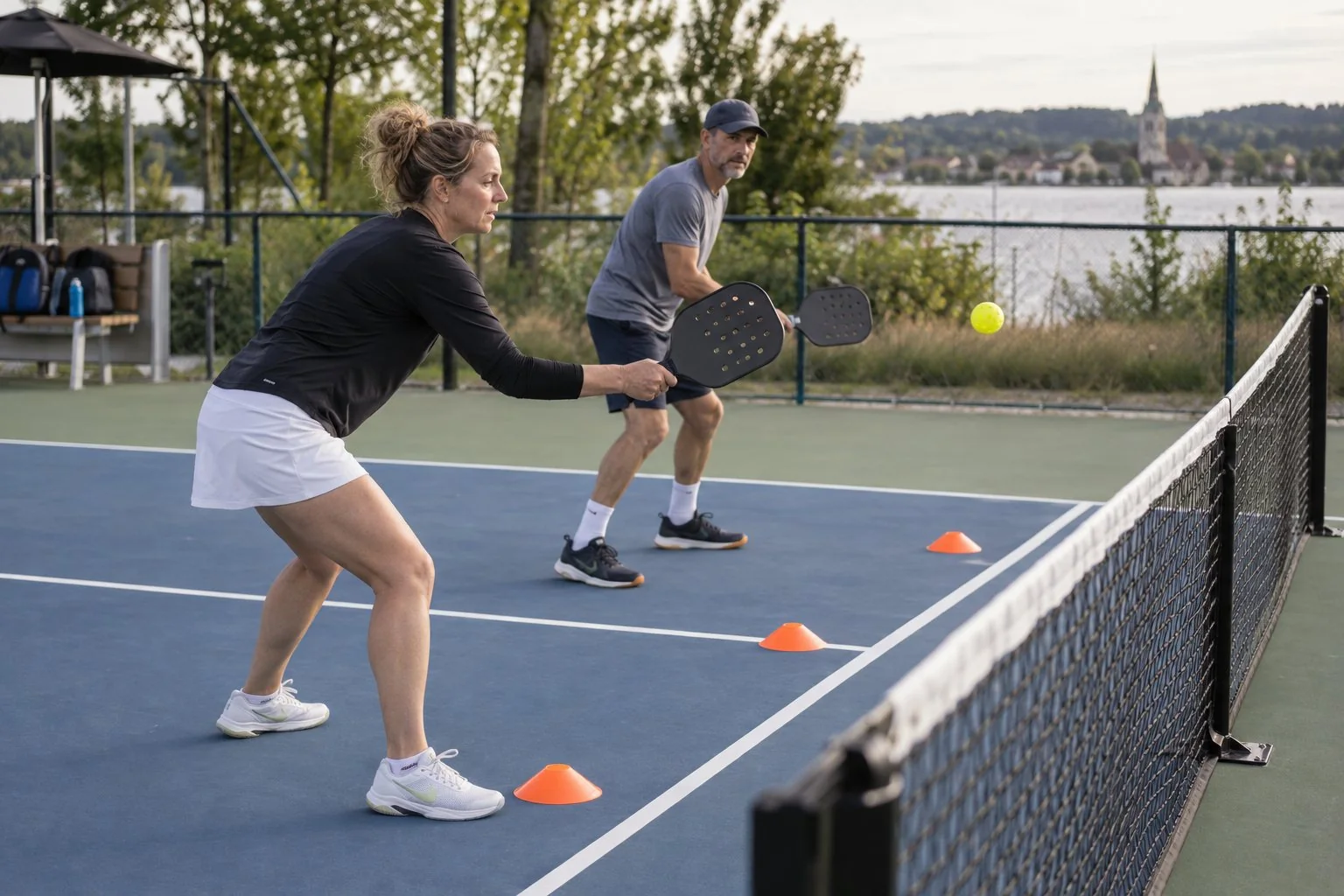 Zwei Erwachsene üben kontrollierte Pickleball-Volleys mit Zielmarkierungen