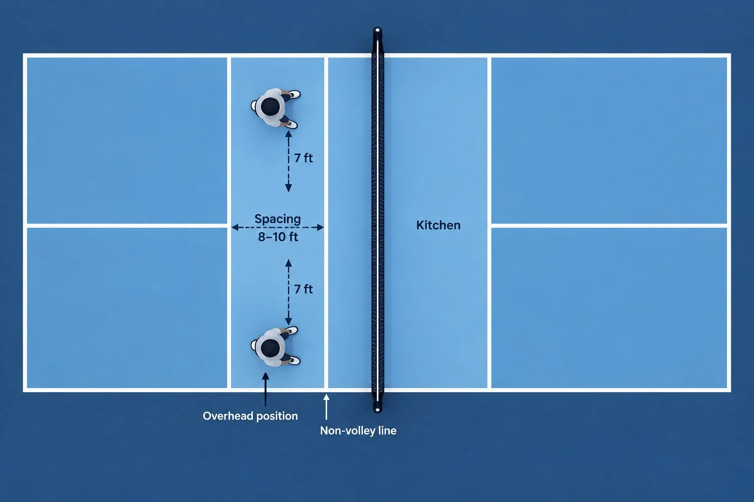Overhead diagram showing pickleball kitchen spacing and foot positions