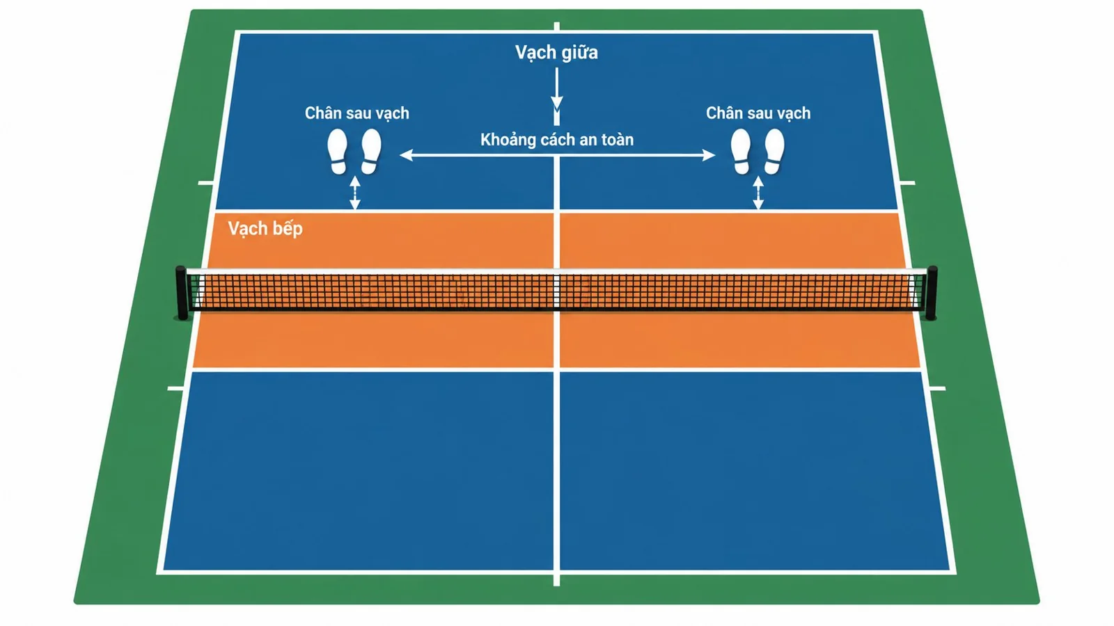 Sơ đồ vị trí chân và khoảng cách an toàn trước vạch bếp pickleball