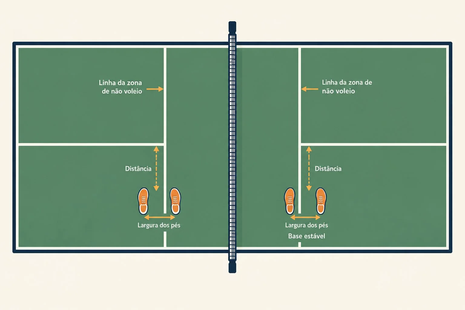 Diagrama de posições dos pés e distância da zona de não voleio