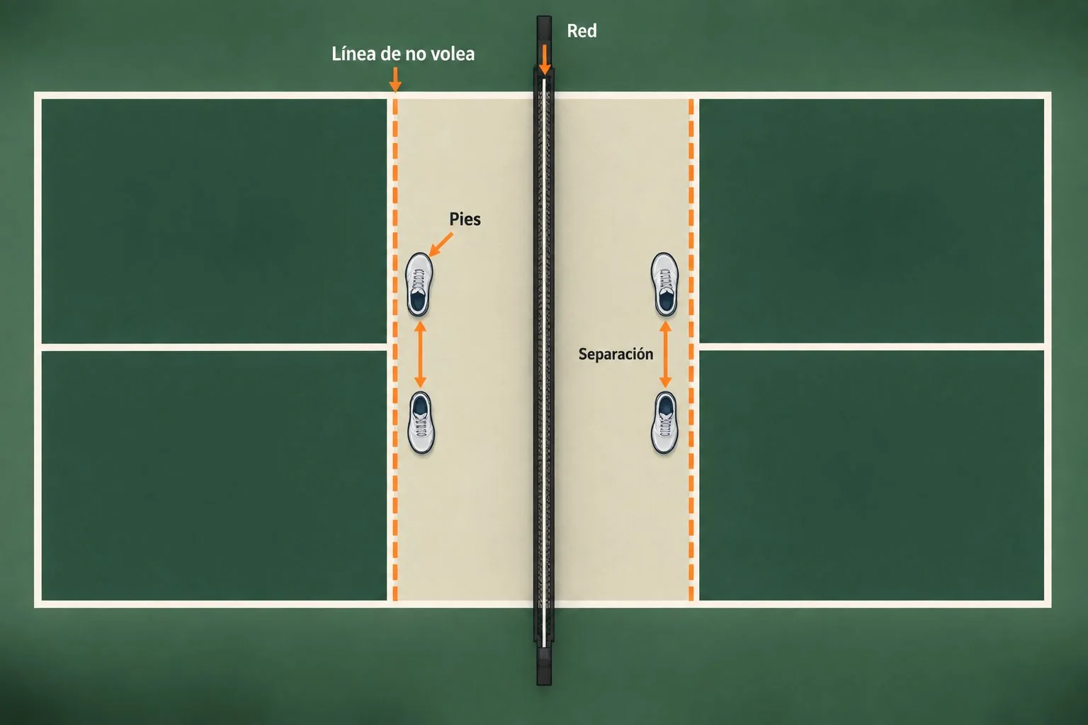 Diagrama de posiciones de pies y distancia frente a la zona de no volea