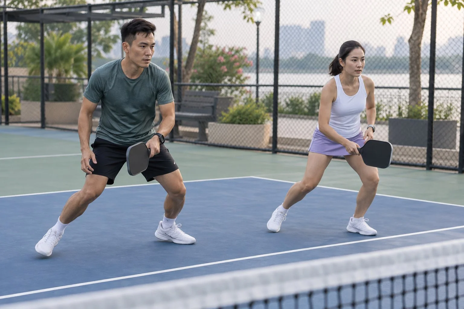 Hai người luyện di chuyển song song gần vạch bếp pickleball