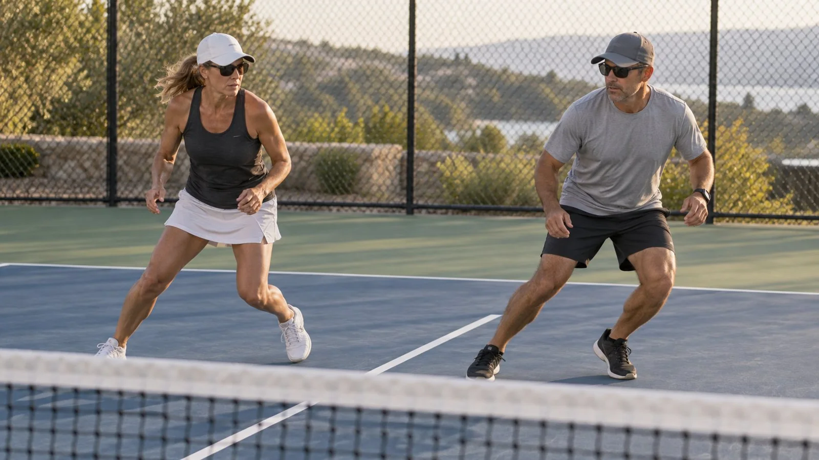 Two pickleball partners practicing parallel movement near the kitchen