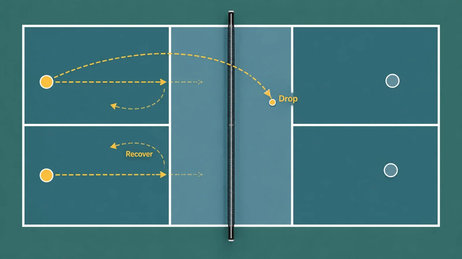 Overhead coaching diagram of a fifth-shot drop trajectory and recovery path