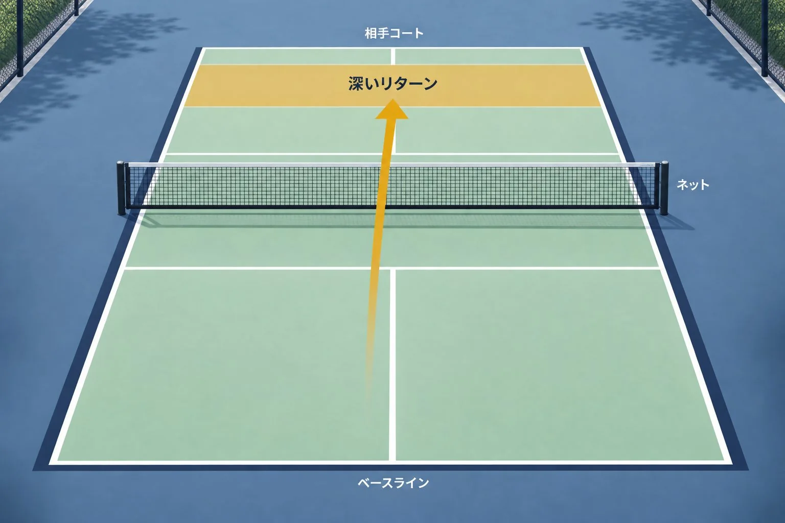 深いリターンの目標帯を示すピックルボールコート図