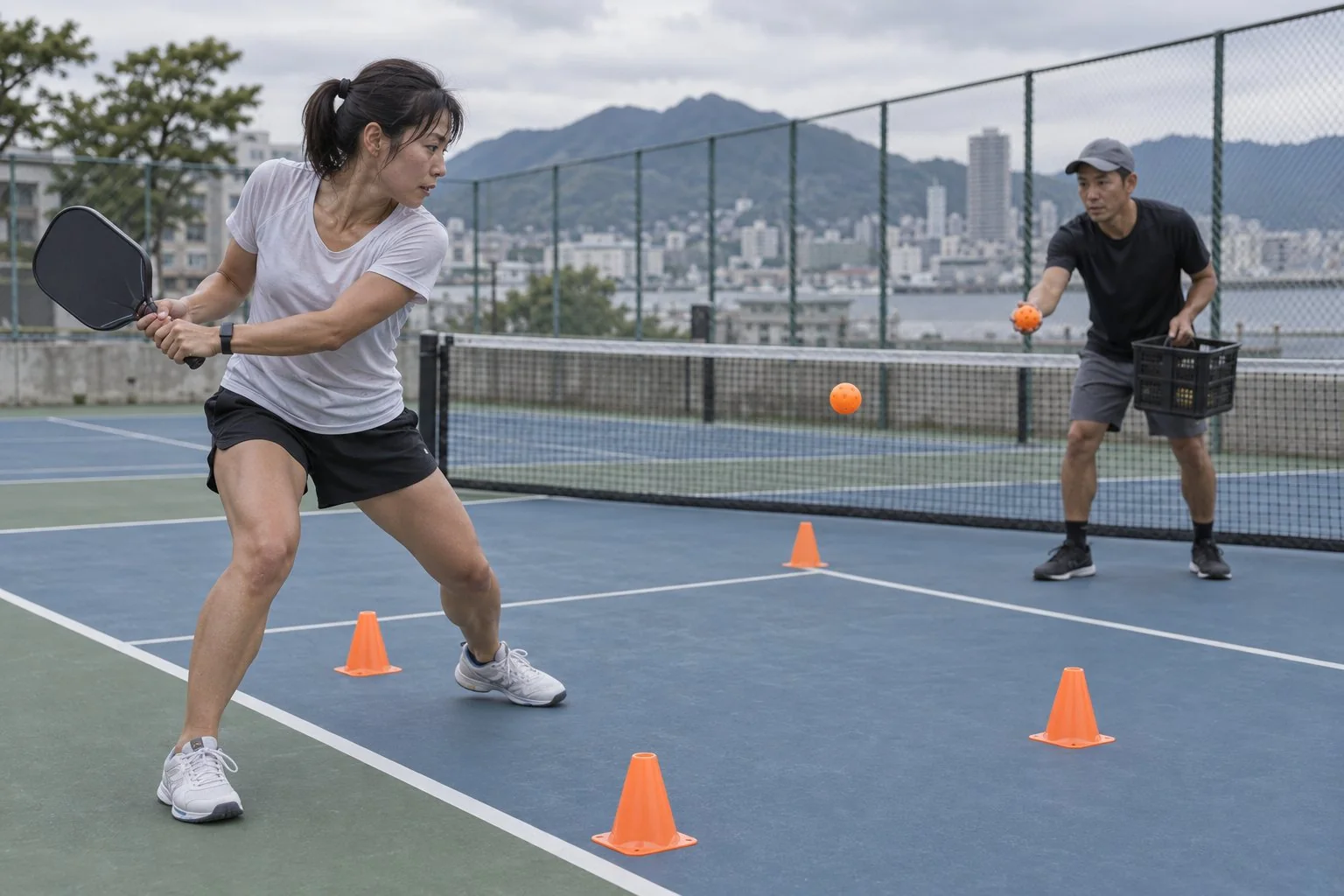 コーンを使ってリターンを練習する二人の選手