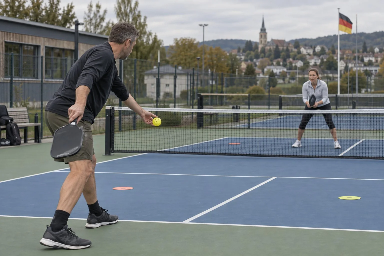 Zwei Personen trainieren Aufschläge mit Zielmarkierungen im Pickleball