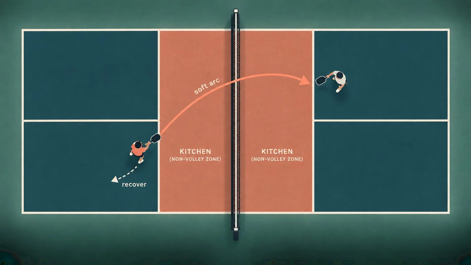 Top-down instructional view of a crosscourt dink landing in the opposite kitchen