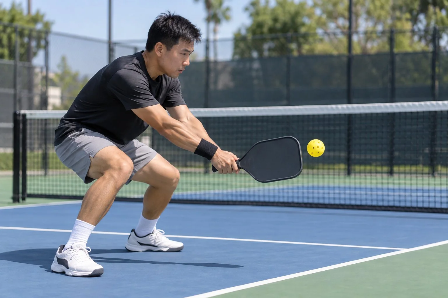 Cận cảnh tư thế thấp và mặt vợt trước thân khi block volley