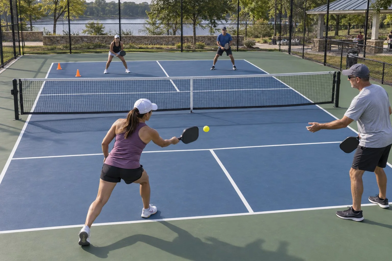 Forehand flick practice with target zones on an outdoor community pickleball court