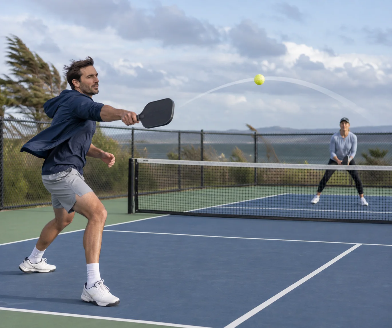 Joueur contrôlant une trajectoire haute face au vent sur un court de pickleball