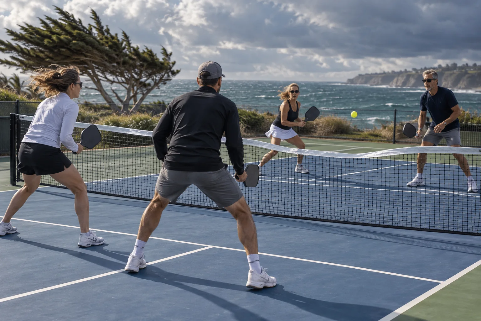 Double de pickleball se replaçant ensemble par vent latéral