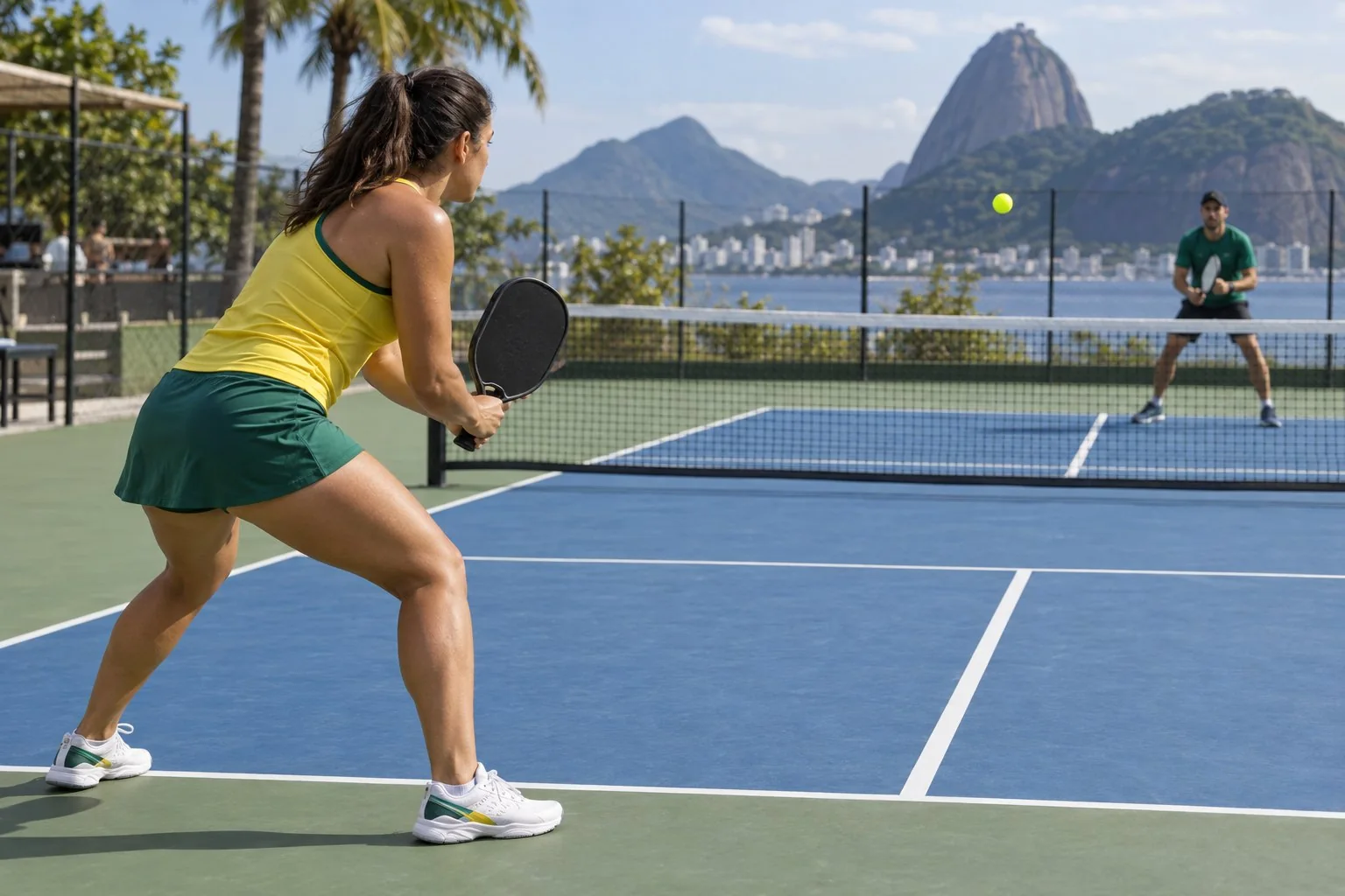 Jogadora brasileira em posição equilibrada para receber um saque profundo