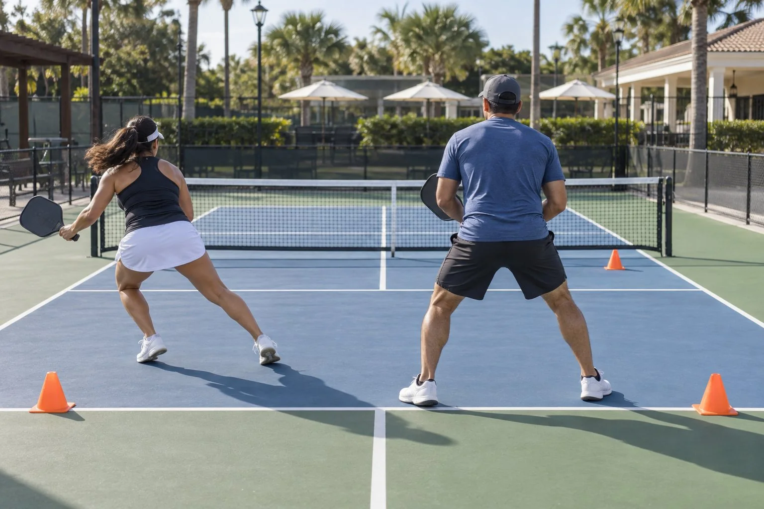 Pareja entrenando desplazamiento lateral y recuperación hacia el centro de la pista