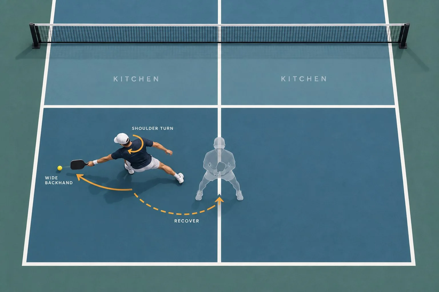 Top-down coaching diagram showing lateral movement and recovery after a pickleball backhand