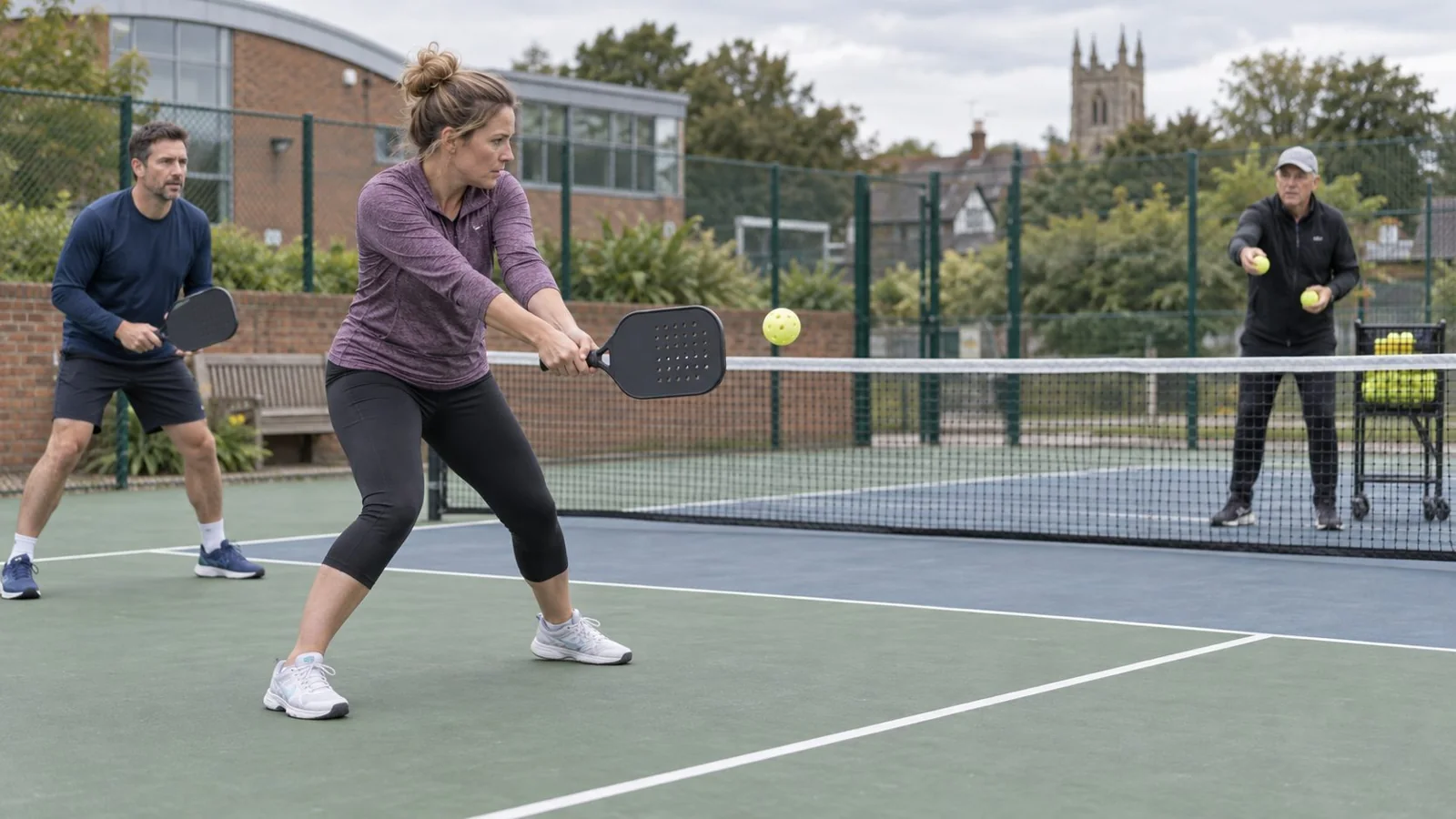 Two recreational pickleball players practicing a two-handed backhand movement drill