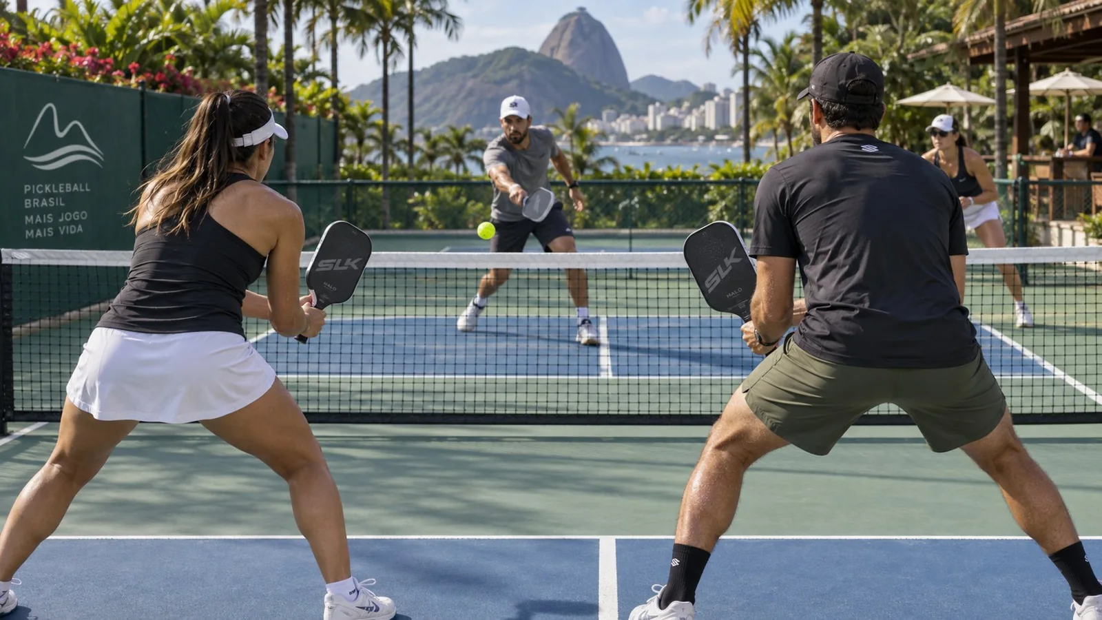 Dupla treinando speed-up no corpo e bloqueio compacto no pickleball