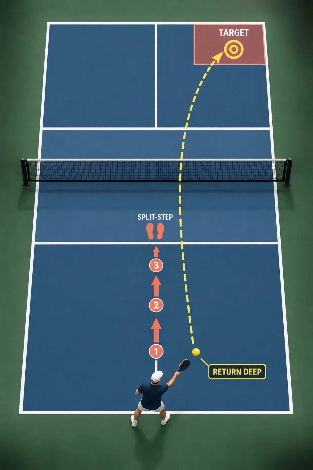 Top-down pickleball coaching diagram showing a deep return and first three steps