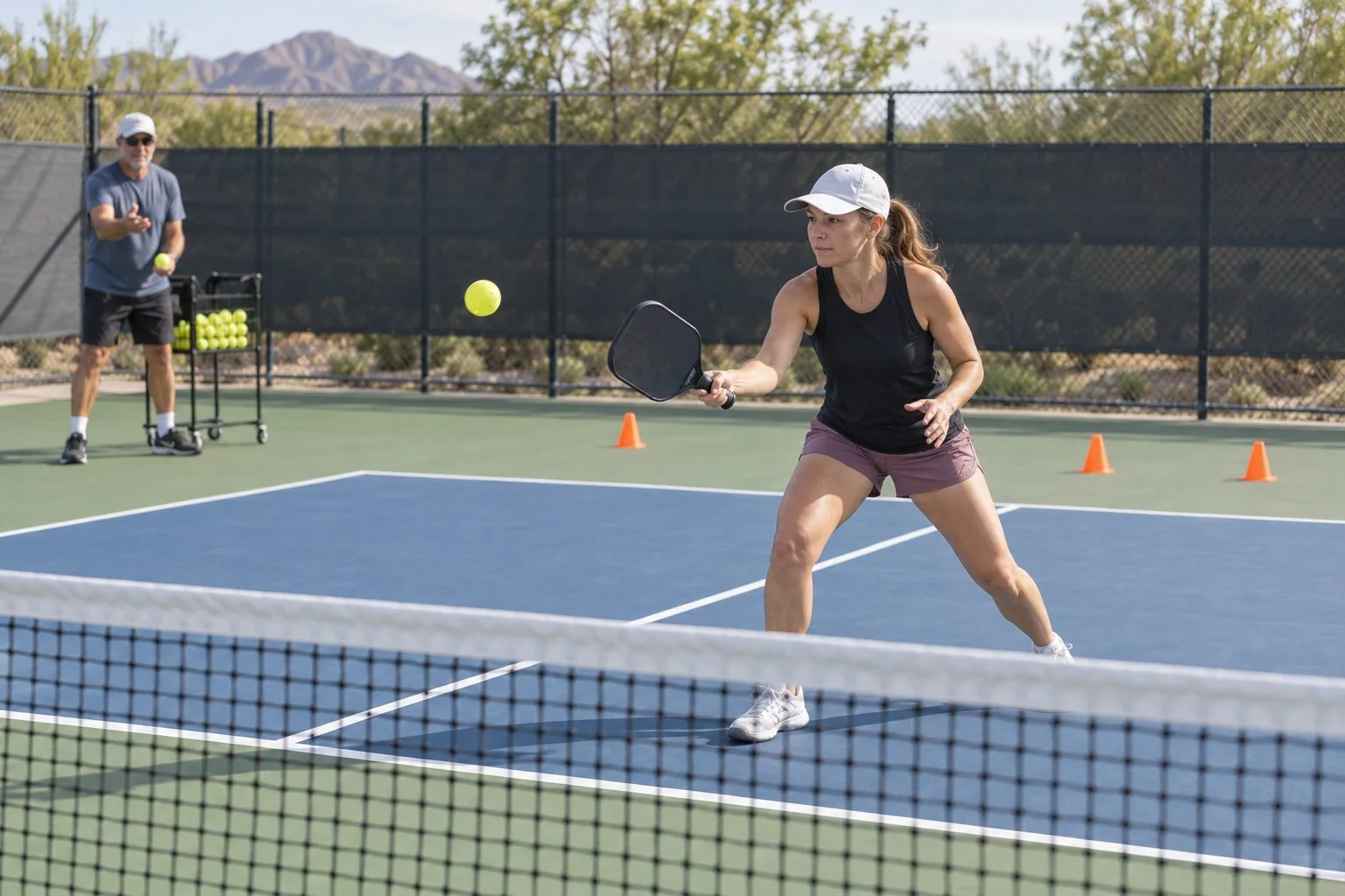 Pickleball players practicing a return-and-move drill with a deep target zone