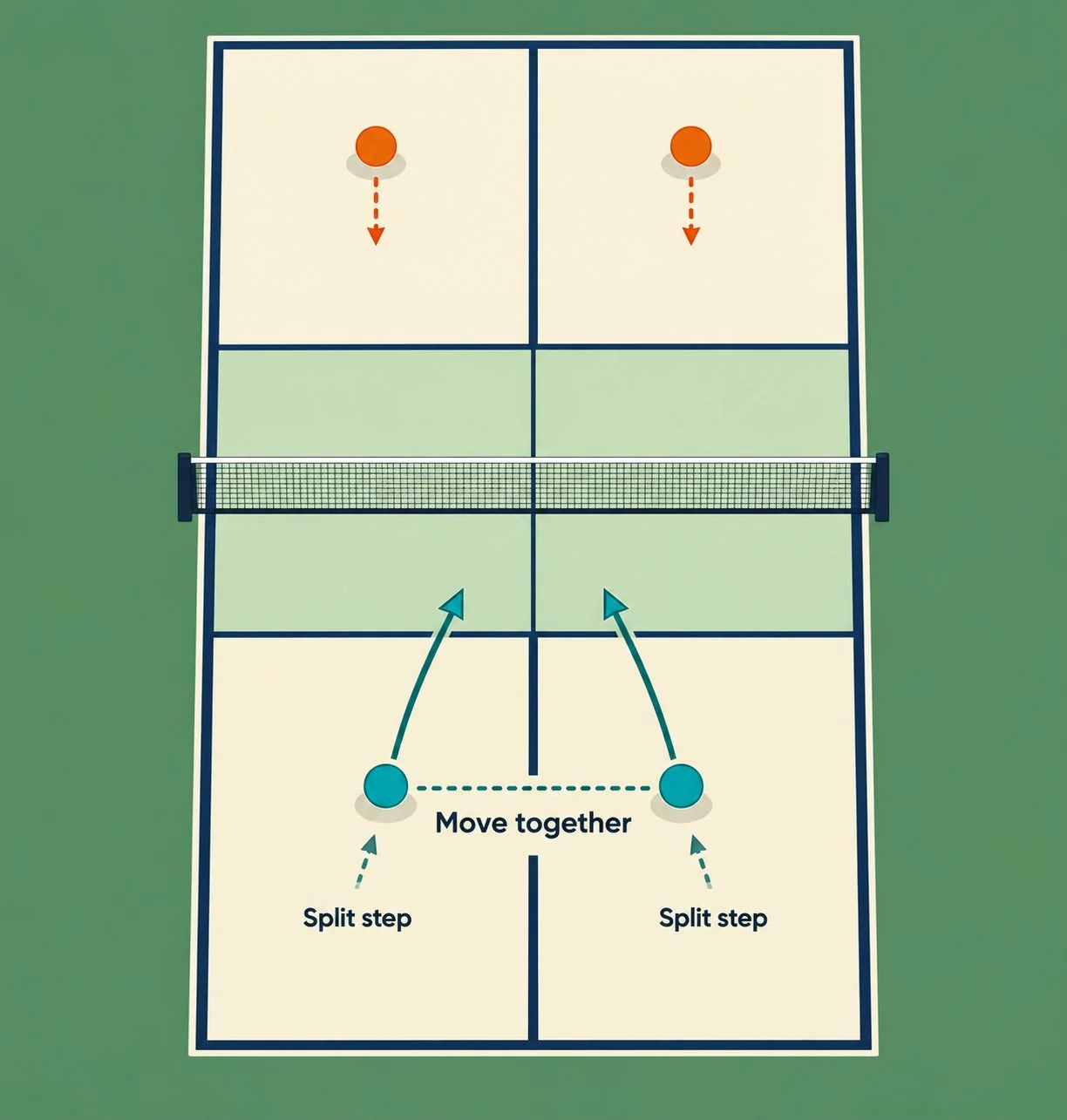Overhead coaching diagram showing doubles partners moving together