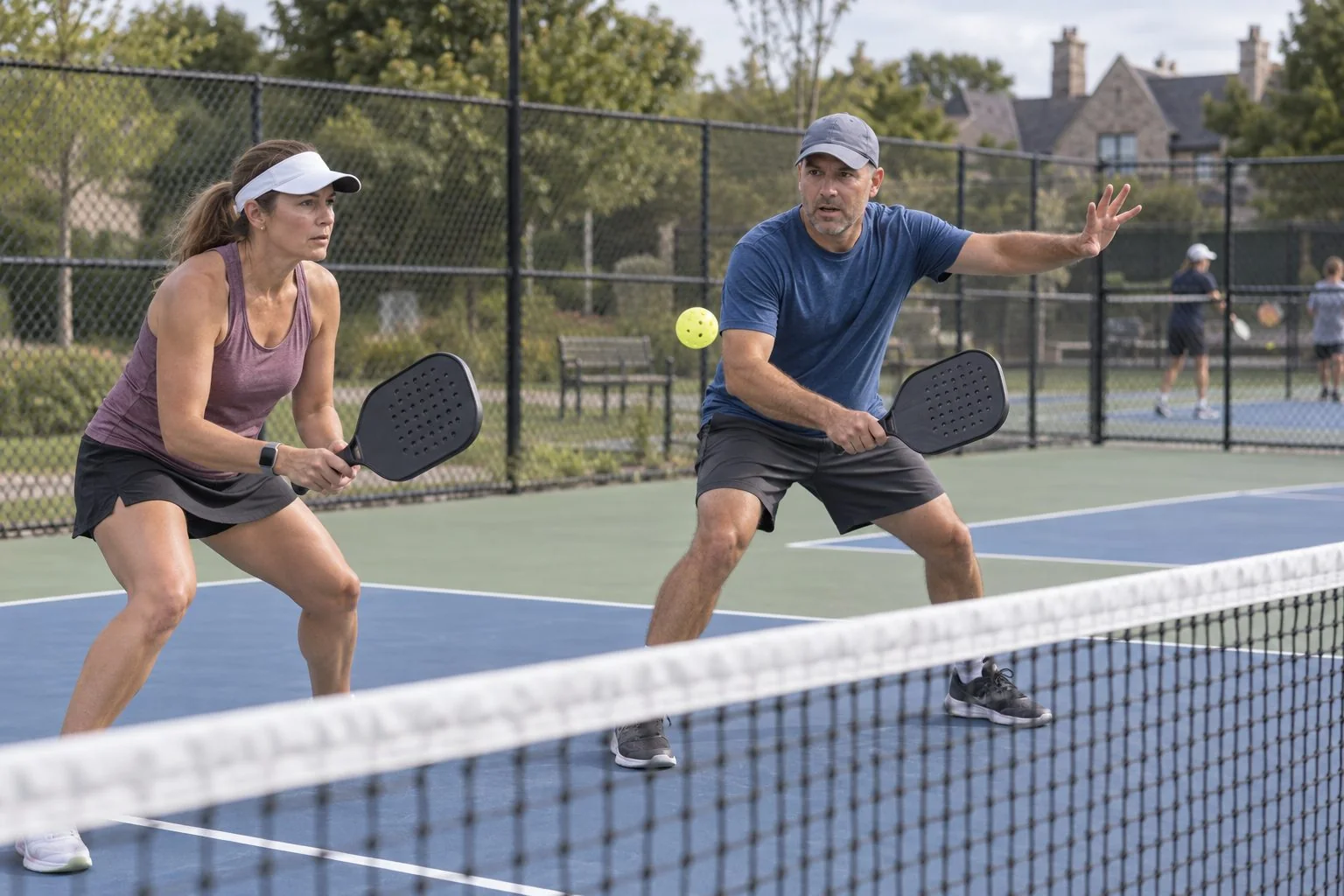 Pickleball doubles partners communicating while covering the middle