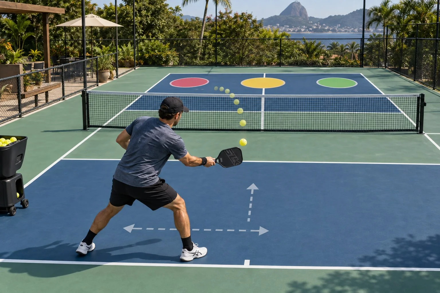 Treino de forehand roll com zonas de alvo e deslocamento na quadra