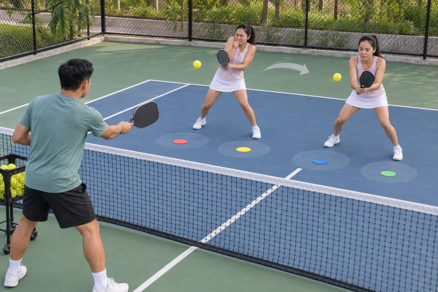 Hai người tập feed bóng vào thân và chọn chicken wing hoặc block trên sân pickleball