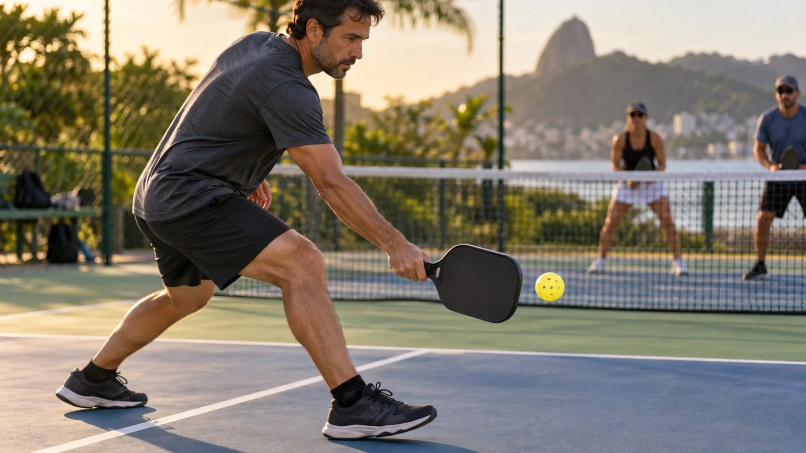 Close-up de footwork e raquete preparada para a devolução de saque no pickleball