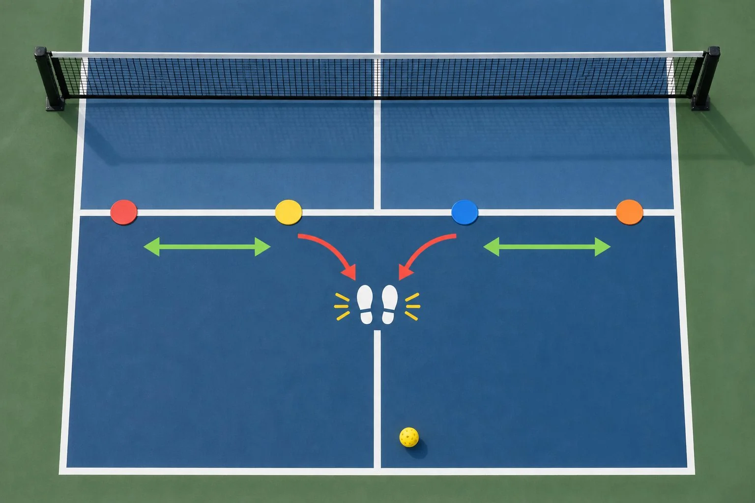 Overhead pickleball footwork drill with kitchen-line markers