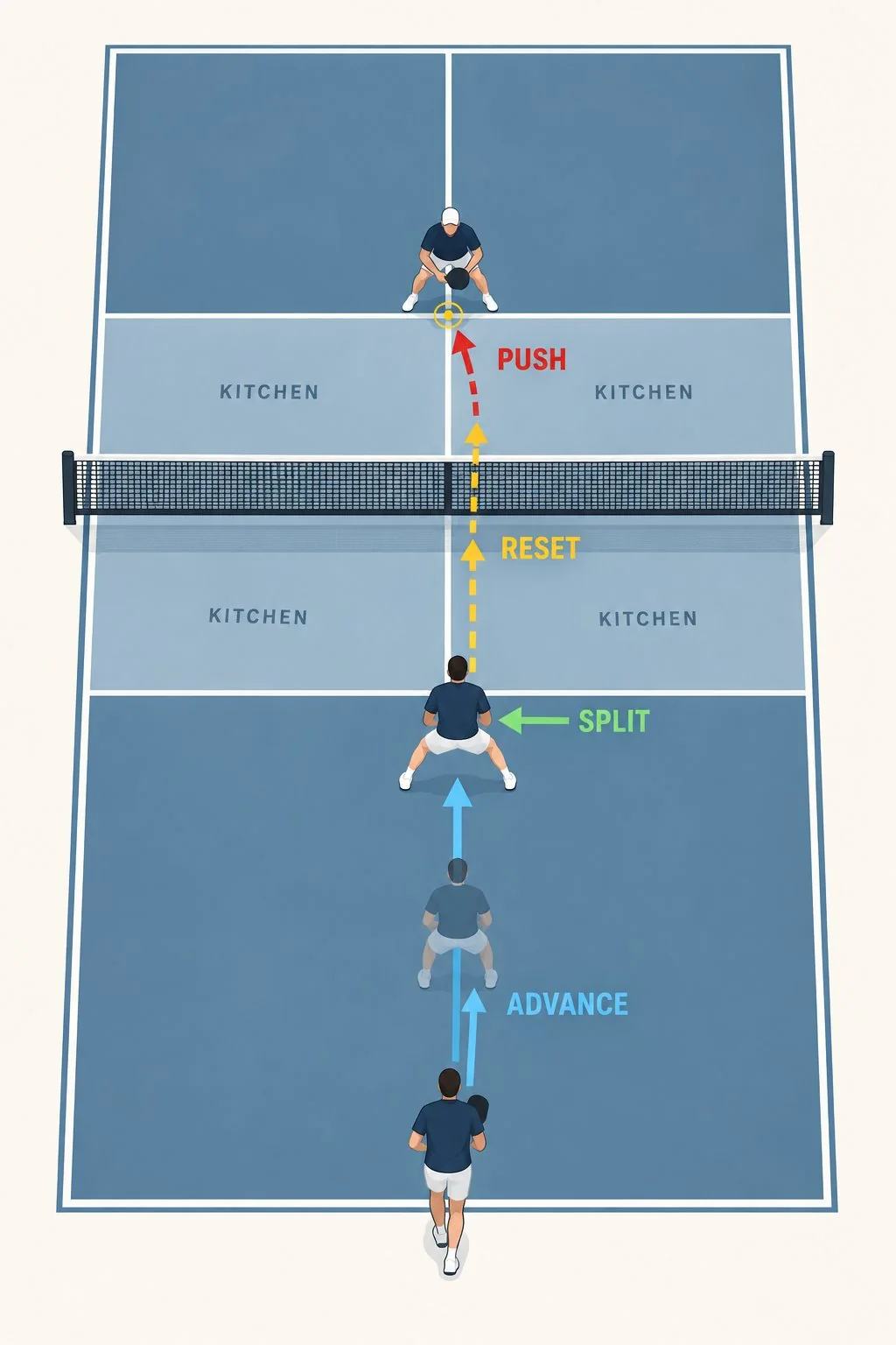 Overhead transition-zone diagram showing advance, split, reset, and push