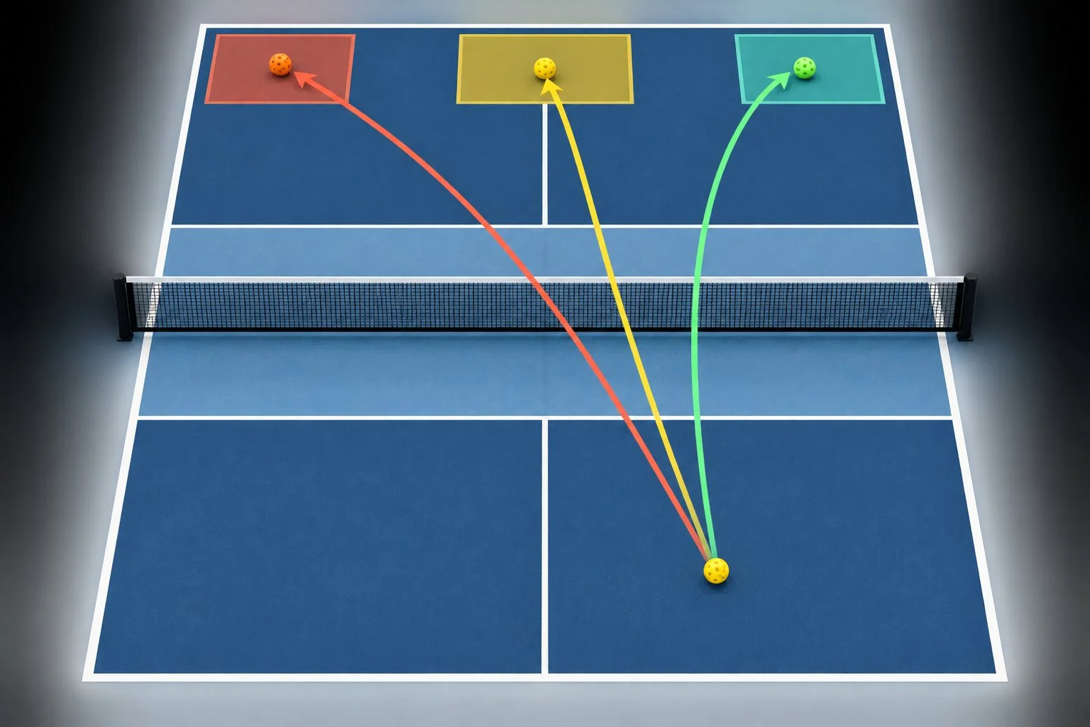 Sơ đồ vùng mục tiêu cho cú drive thuận tay pickleball nhìn từ trên cao