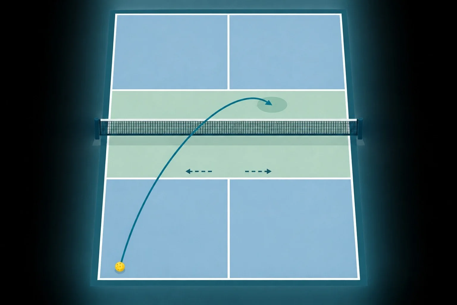 Diagrama superior do dink de backhand cruzado com alvo dentro da cozinha