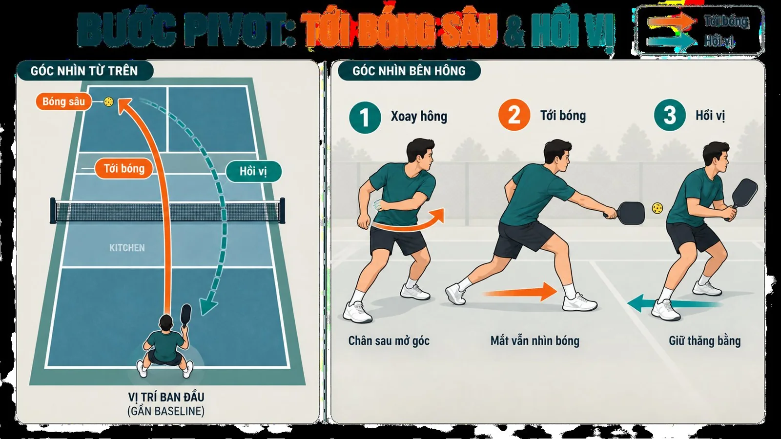 Sơ đồ hướng xoay và đường di chuyển khi pivot pickleball