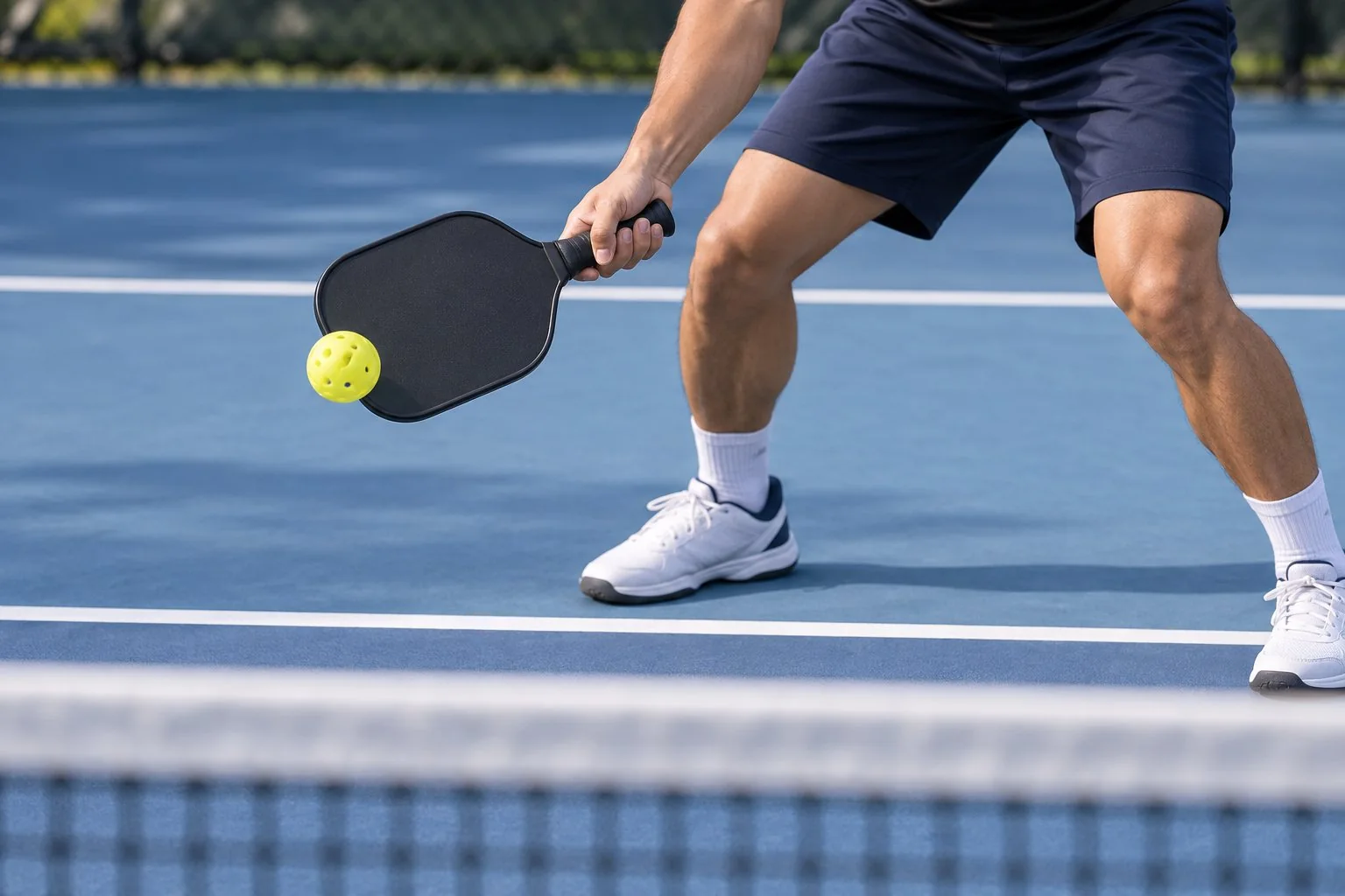 Cận cảnh điểm chạm forehand reset với vợt ở trước thân