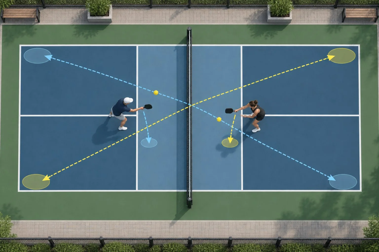 Exercice de volées de revers avec trajectoires et zones cibles sur un court de pickleball