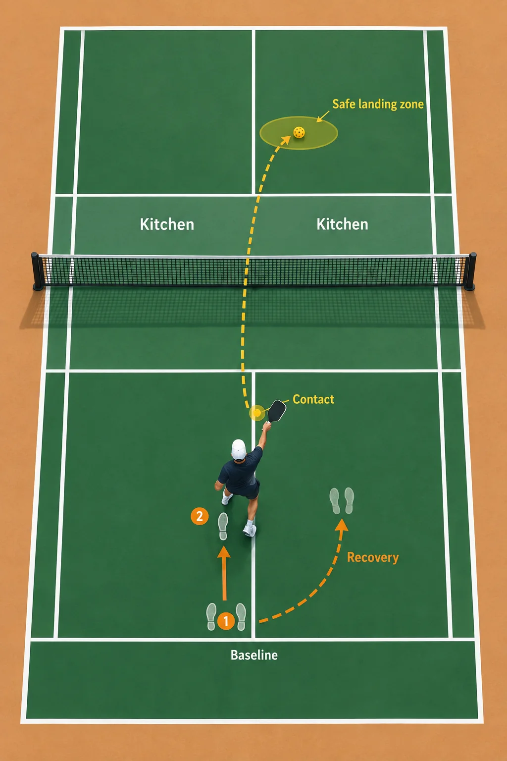 Overhead court diagram of brake-set-contact-recover sequence and kitchen landing zone
