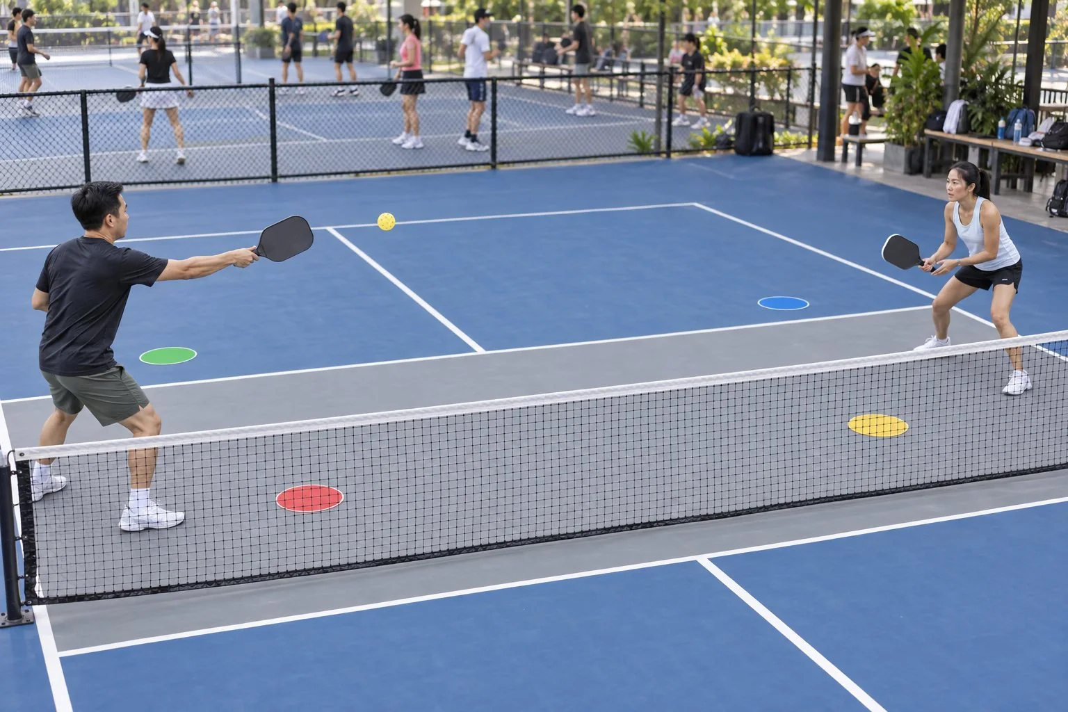 Hai người tập roll volley chéo sân với mục tiêu thấp trên sân pickleball