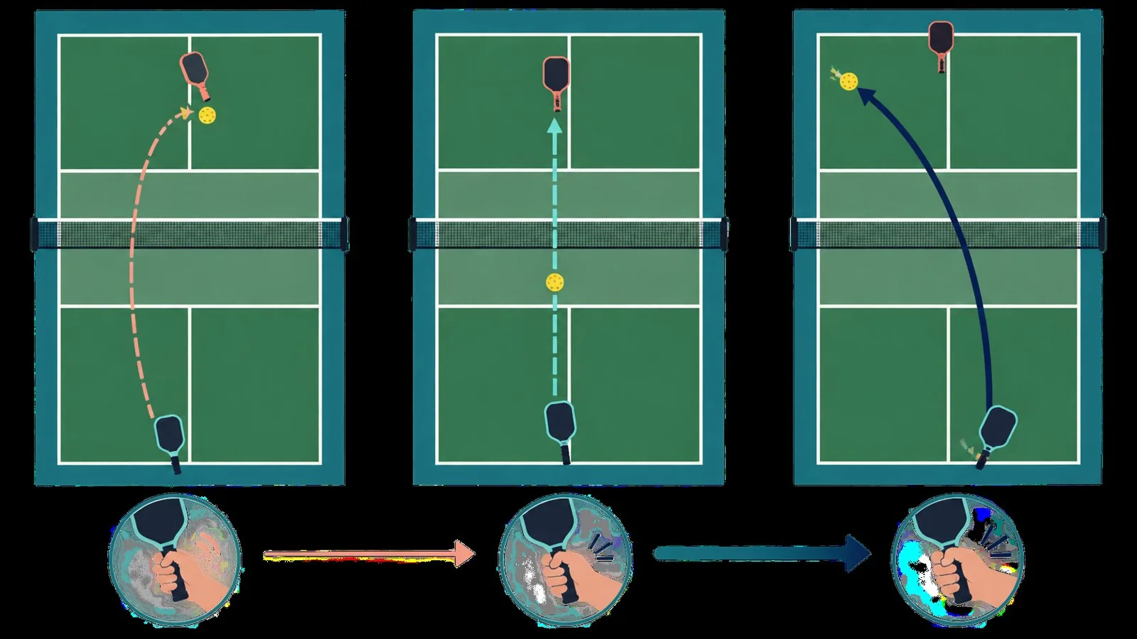 Instructional pickleball court diagram linking grip pressure to dink, volley, and serve situations