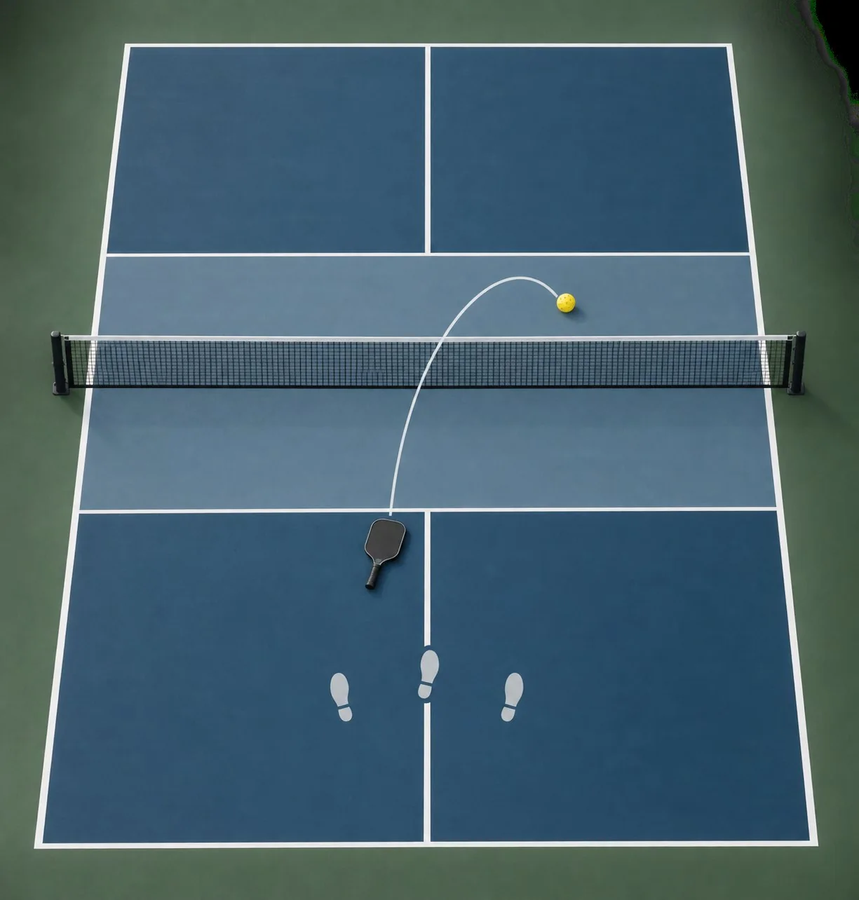 Overhead coaching view of forehand-roll target and balanced recovery