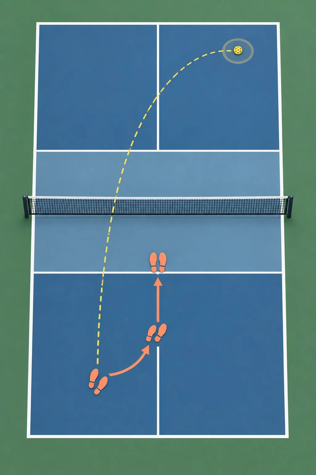 Overhead view of drop-step positions and recovery route