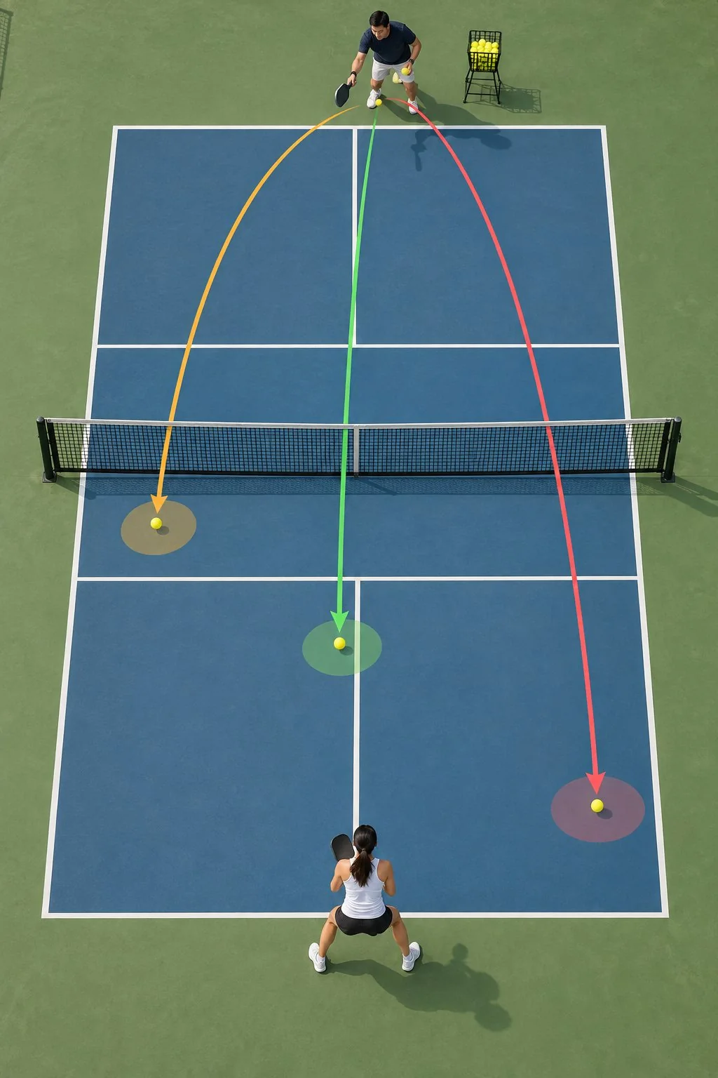 Bài tập feed bóng với các vùng nảy và hướng điều chỉnh trên sân pickleball