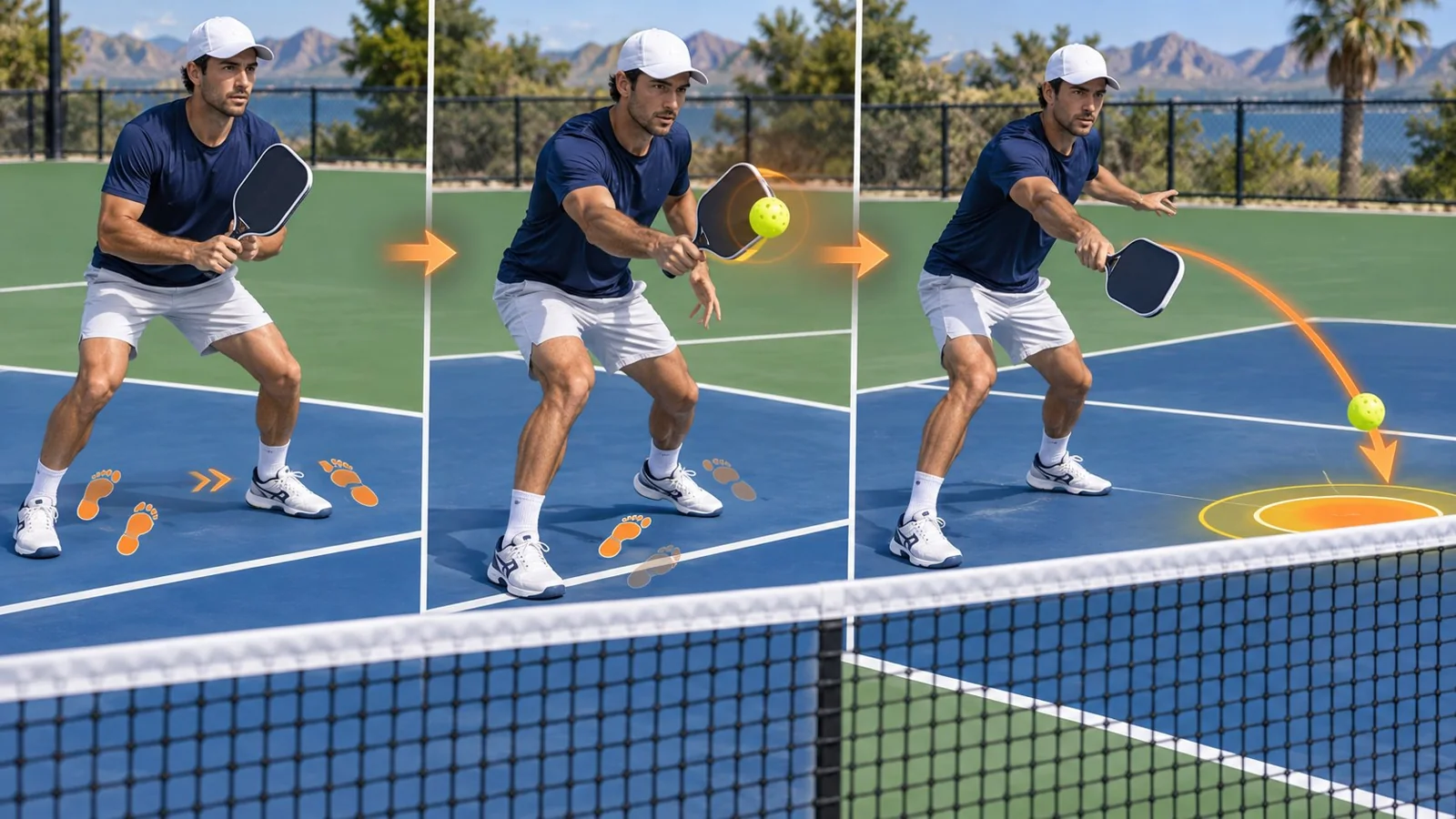Vue aérienne d’un dink dirigé vers le centre au pickleball